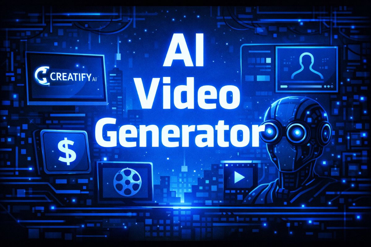 Creatify AI Video Generator promo graphic featuring a glowing robot, a film reel, a dollar sign, and video screen icons on a dark blue tech cityscape.