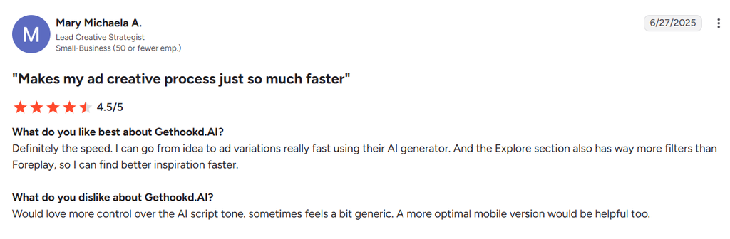 Customer review of GetHookd praising its fast AI ad generator and detailed Explore filters.