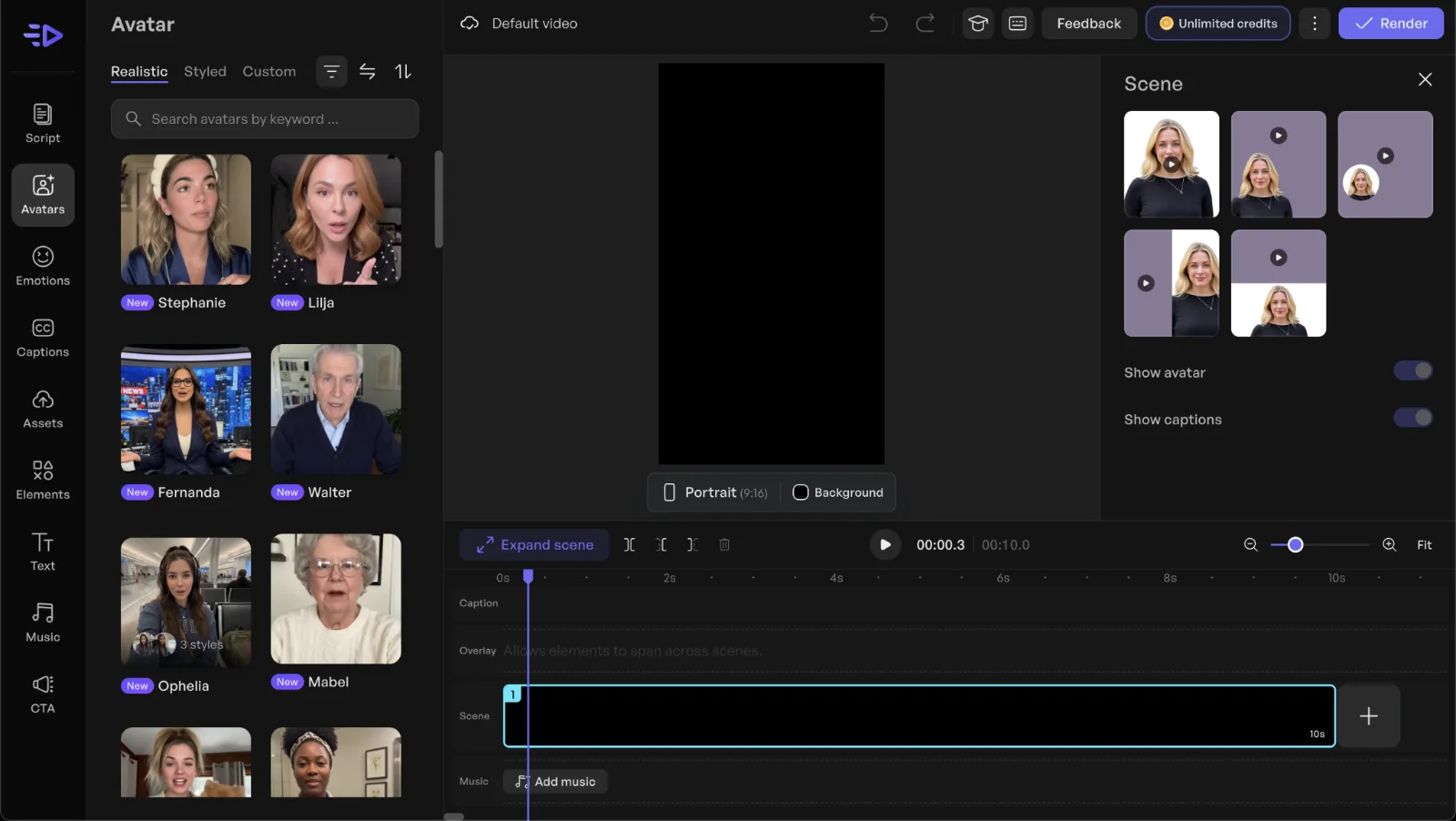 Creatify's avatar selection interface showing realistic AI presenters including Stephanie, Lilja, Fernanda, Walter, Ophelia, and Mabel, with a video timeline editor and scene panel on the right.