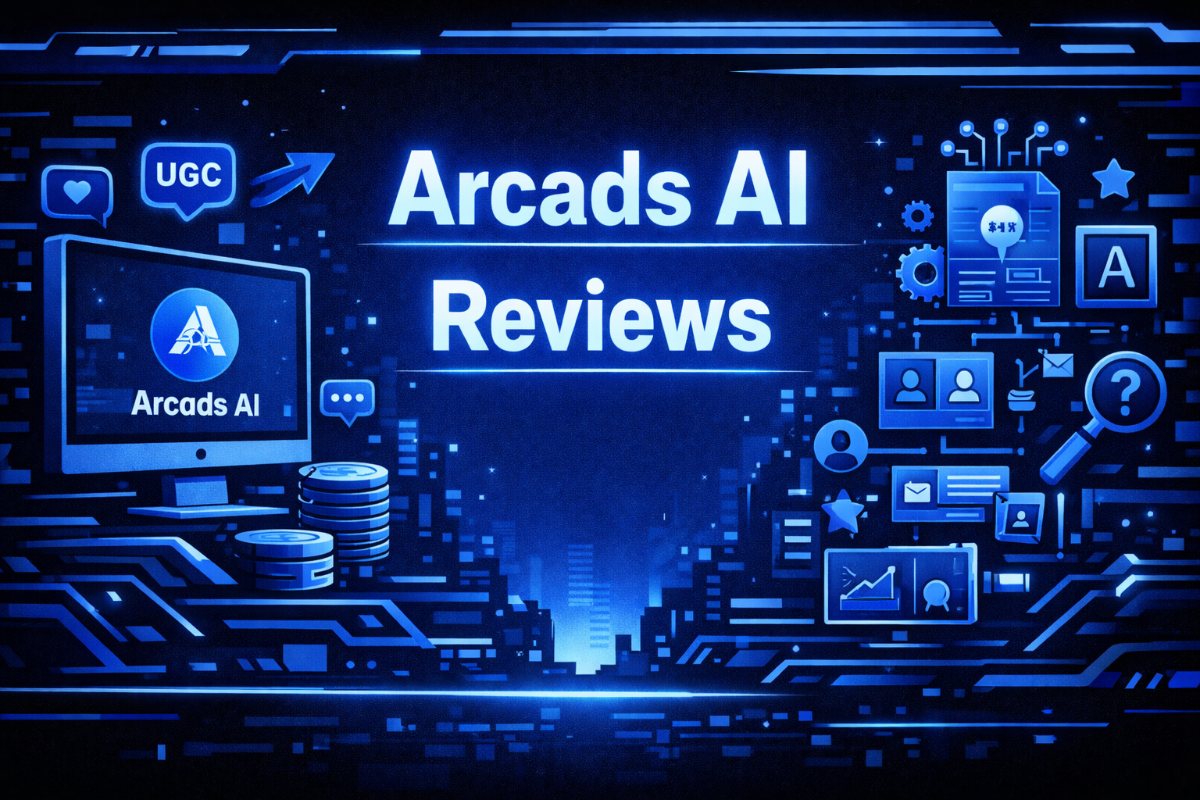 Arcads AI Reviews; branded hero banner showing the Arcads AI logo on a monitor with UGC and digital content icons against a neon-blue tech cityscape