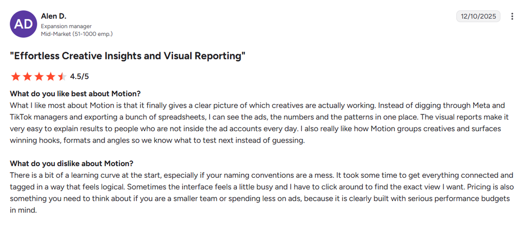 Customer review of Motion praising its visual reports while noting a setup learning curve and pricing suited to larger teams.