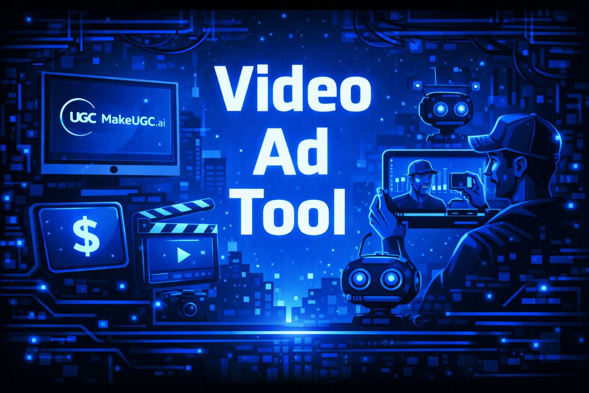 MakeUGC.ai Video Ad Tool, illustrated banner showing an AI-assisted creator filming UGC-style video ads against a futuristic blue digital cityscape