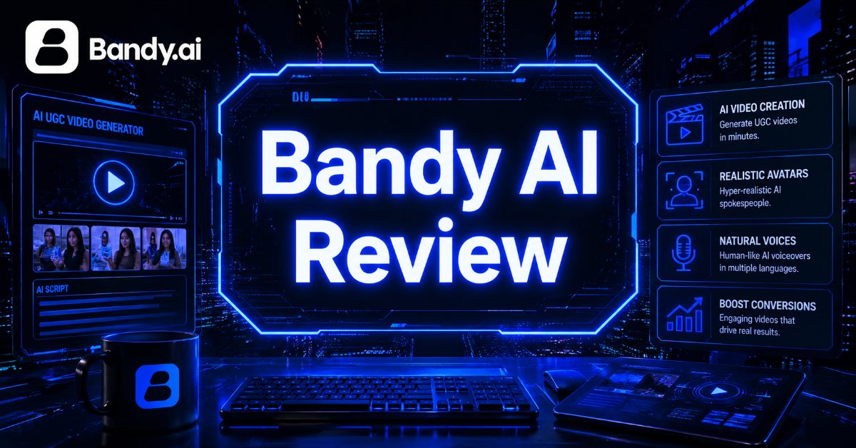 Bandy AI promotional banner reading "Bandy AI Review" featuring a film reel, clapperboard, and UGC-style smartphone footage on a dark blue circuit-board background.