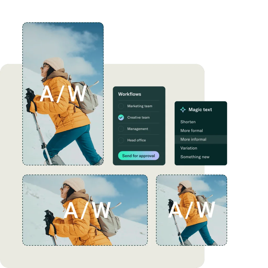 Pixis UI showing an 'A/W' winter campaign image adapted across three size variants, alongside a Workflows team-approval panel with a 'Send for approval' button and a 'Magic text' rewrite menu.