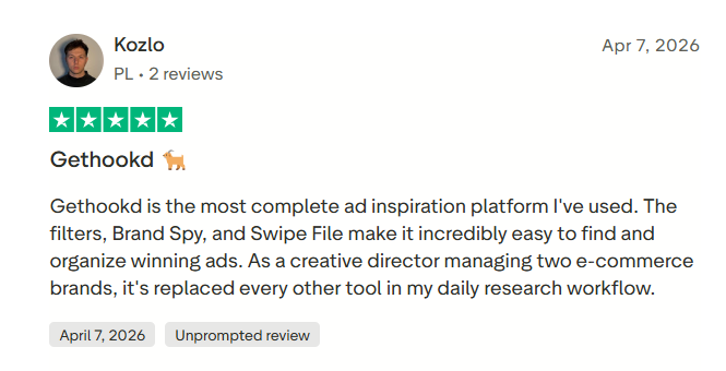 Trustpilot review of GetHookd calling it the most complete ad research platform the reviewer has used.