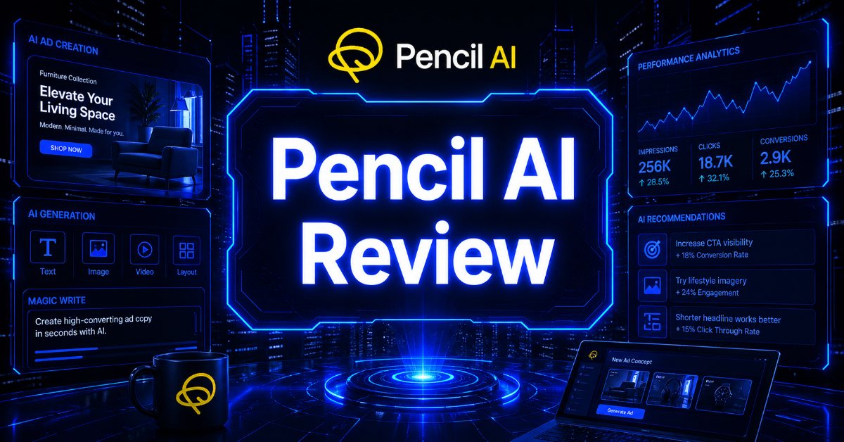 Cyberpunk-style header image with “Pencil AI Review” in glowing blue text, featuring the Pencil AI logo and futuristic ad creation dashboards on a dark tech background. 