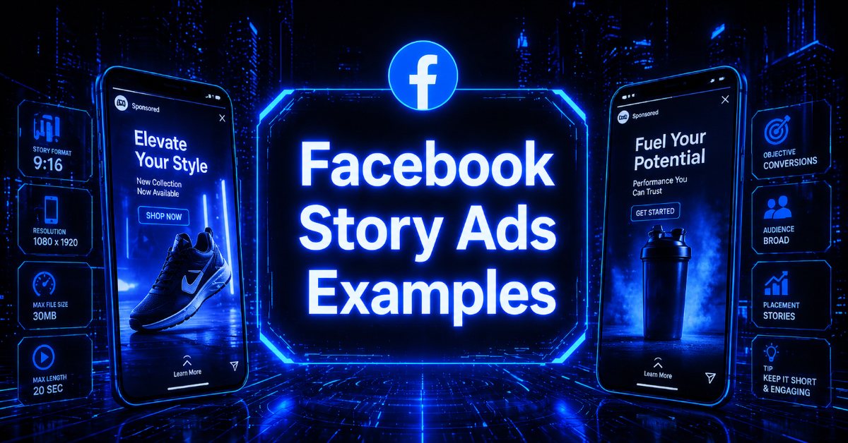 Cyberpunk-style header image with “Facebook Story Ads Examples” in glowing blue text, featuring two smartphone ad mockups and a Facebook icon on a futuristic dark tech background. 