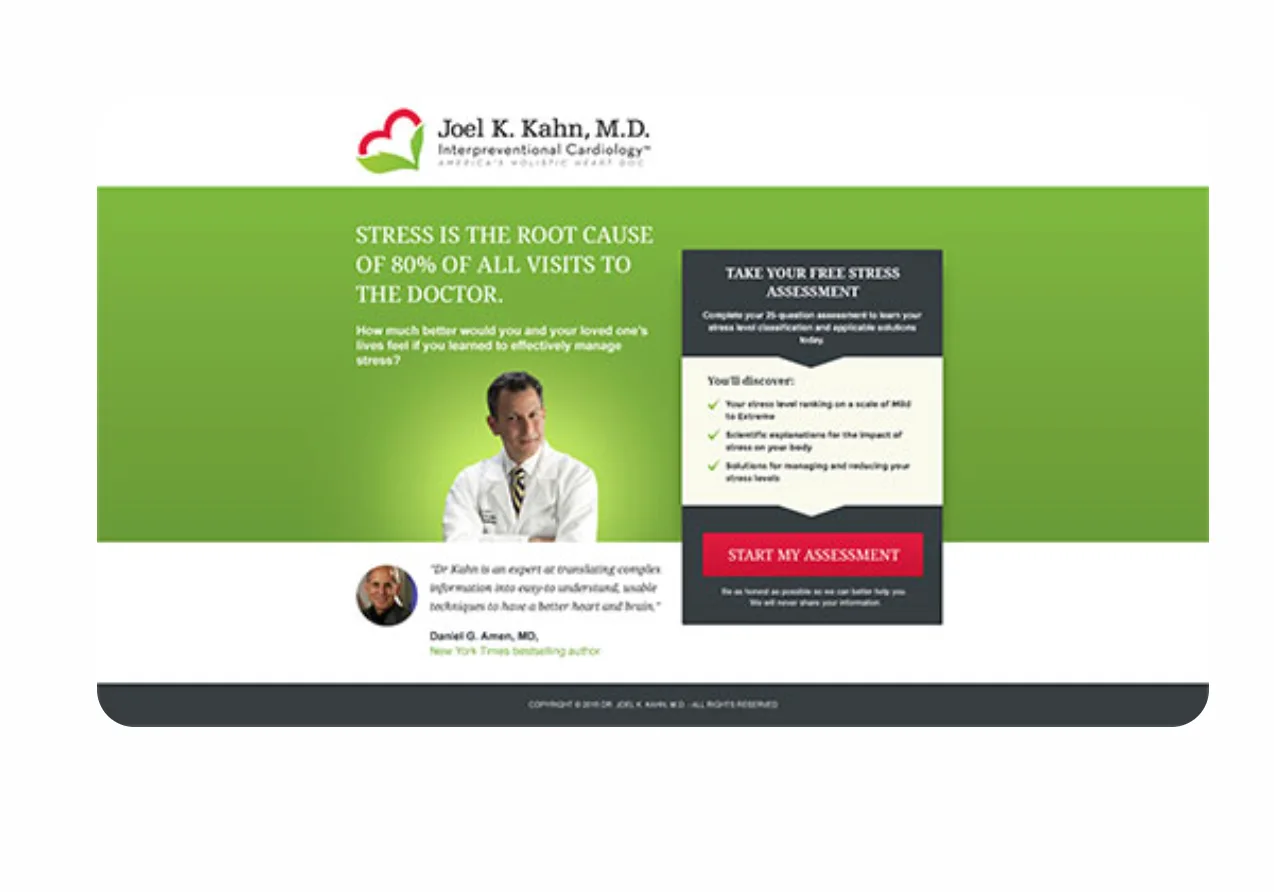 Dr. Joel Kahn's stress quiz landing page featuring the headline "Stress Is the Root Cause of 80% of All Visits to the Doctor," a Take Your Free Stress Assessment panel with benefit bullet points, and a red Start My Assessment CTA button.