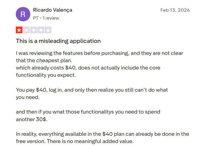 Trustpilot review of Minea criticizing an entry plan that lacks core features and offers little beyond the free version.