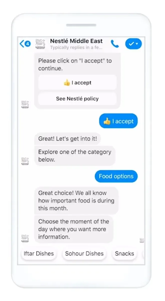 Messenger chatbot ad from Nestlé Middle East offering food category options, including Iftar Dishes, Sohour Dishes, and Snacks.