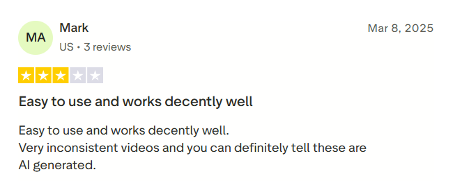Trustpilot review of MakeUGC calling it easy to use while noting inconsistent videos that look clearly AI-generated.