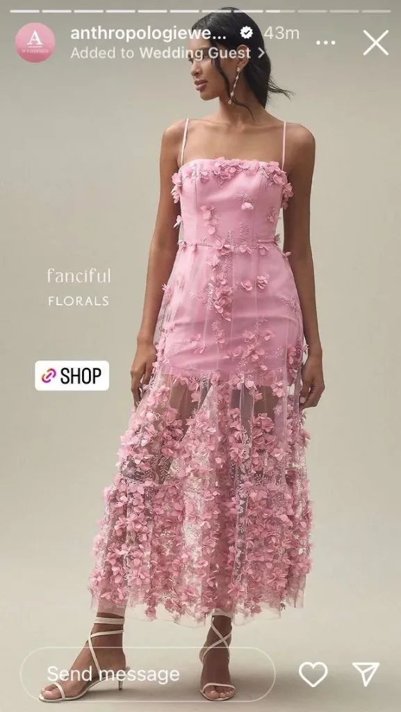 Anthropologie Weddings Story ad showing a model in a pink floral maxi dress with a Shop tag overlay.