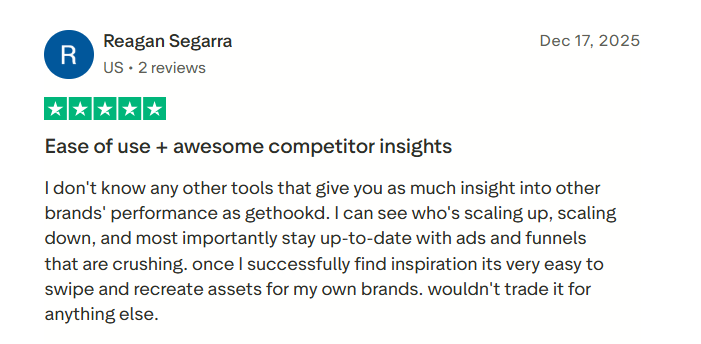 Trustpilot review of GetHookd praising its competitor insights and how easily winning ads and funnels can be recreated.