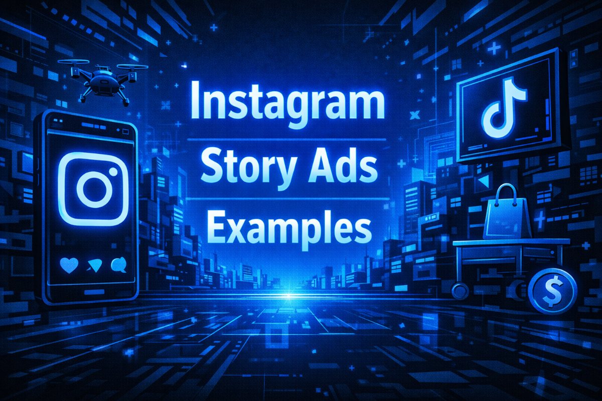 Cyberpunk-style Instagram Story ads illustration with glowing blue text and social media elements in a futuristic city scene.