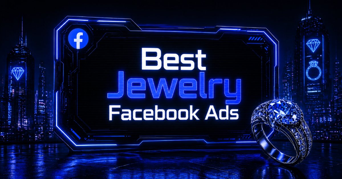 Futuristic blue cyberpunk image of jewelry Facebook ads with a diamond ring, glowing Facebook logo, and neon city background. 