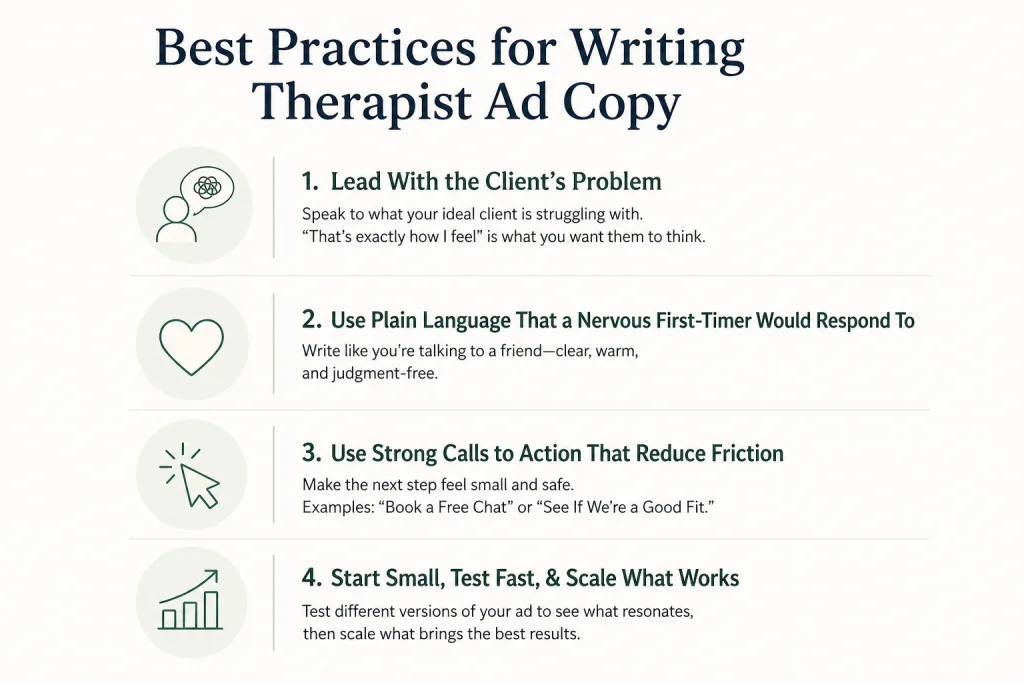 Infographic summarizing four best practices for writing therapist ad copy.