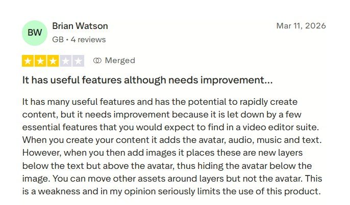 Trustpilot review of Tagshop AI noting useful features but criticizing an editor that lets added images hide the avatar.