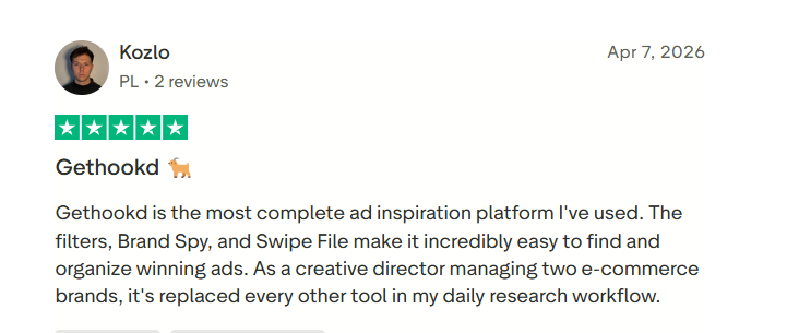 Review of GetHookd from an eCommerce creative director saying its filters, Brand Spy, and Swipe File replaced their other research tools.