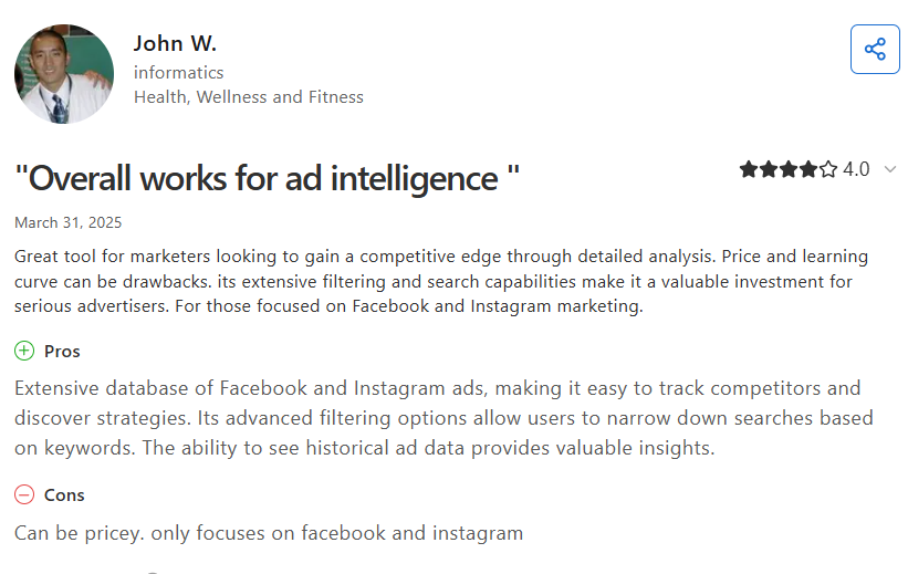 Customer review of AdSpy praising its filters and historical ad data while noting a high price and Facebook-only focus.