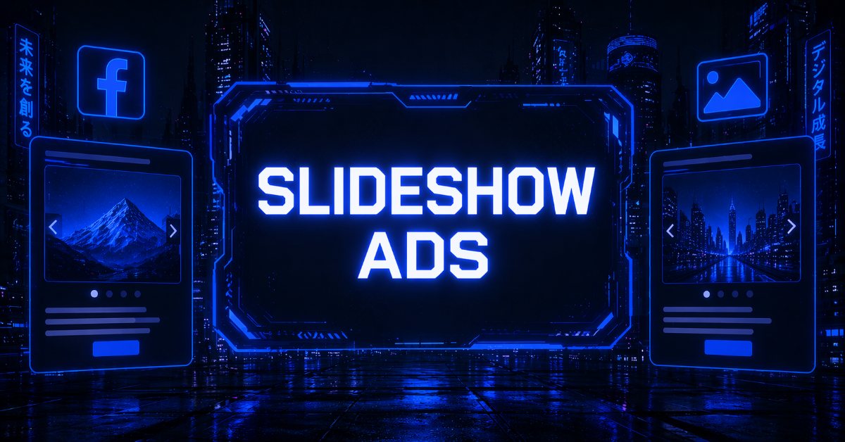 Futuristic neon-lit display reading "SLIDESHOW ADS" flanked by two Facebook ad mockups with image carousels, illustrating how slideshow ads appear in a digital feed.