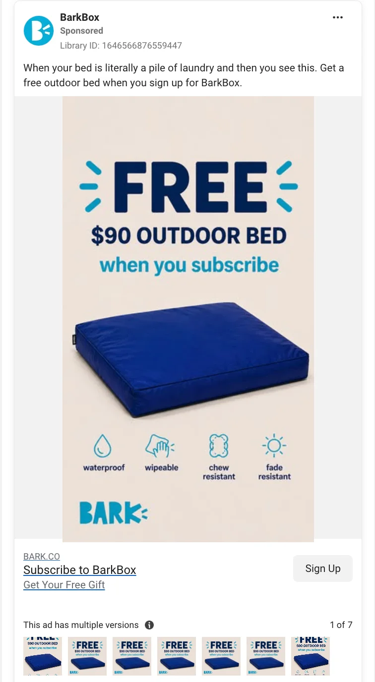 BarkBox Facebook Dynamic Creative Ad showing a free outdoor dog bed offer with "Subscribe to BarkBox" copy and multiple caption variants under "This ad has multiple versions."