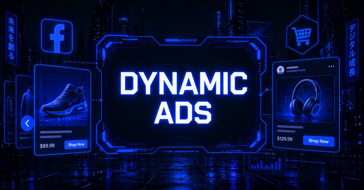Futuristic "Dynamic Ads" graphic showing Facebook product cards for sneakers and headphones with Shop Now buttons.
