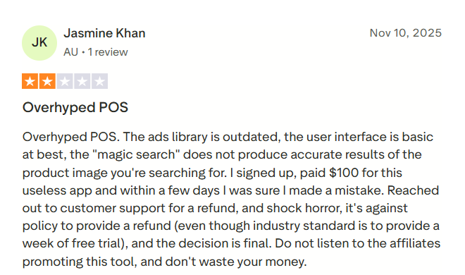 Trustpilot review of Minea criticizing its outdated ad library, basic interface, inaccurate search, and refusal to issue a refund.
