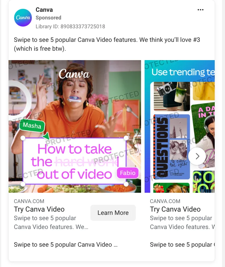 Canva Facebook carousel ad with "Swipe to see 5 popular Canva Video features" copy, two visible cards highlighting video editing capabilities, a Learn More CTA, and a swipe arrow.