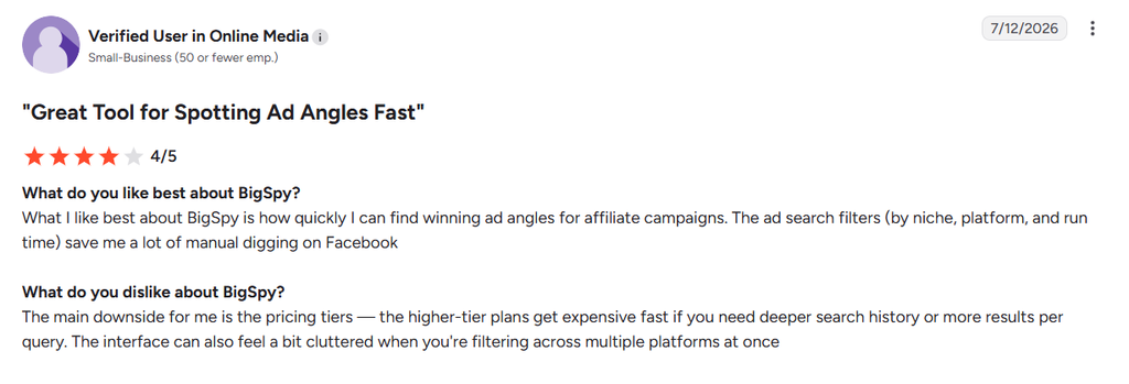 Customer review of BigSpy praising its search filters for finding ad angles while noting costly higher-tier plans and a cluttered interface.