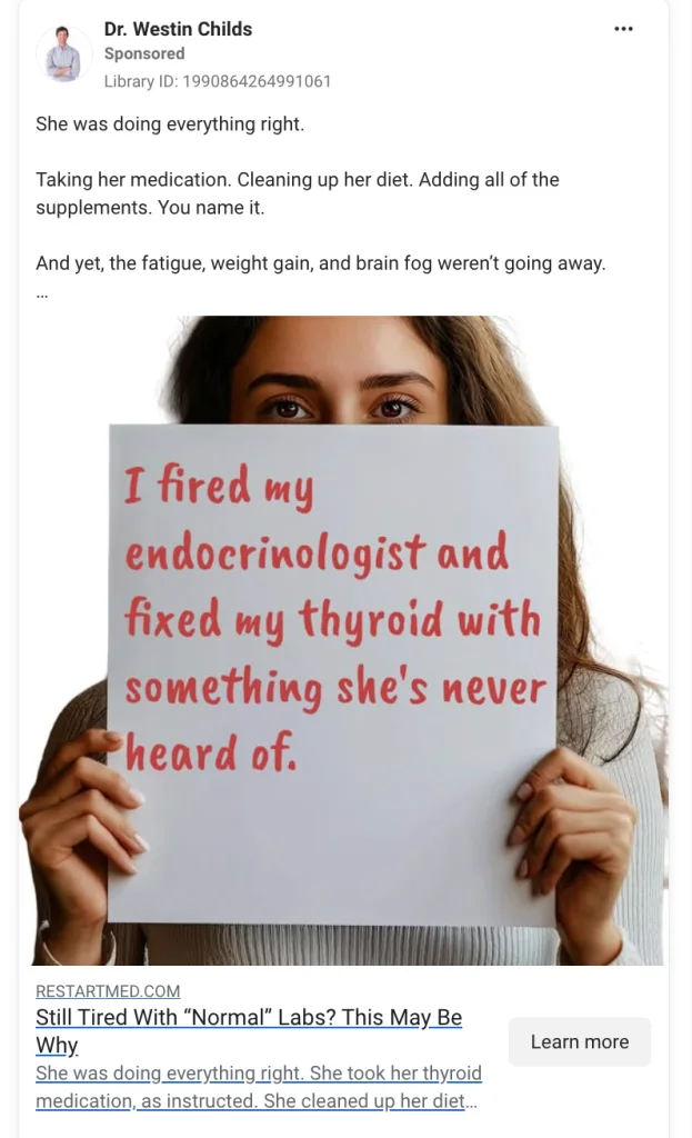 Dr. Westin Childs Facebook ad featuring a woman holding a handwritten sign, a "Still Tired With 'Normal' Labs? This May Be Why" question headline, and a Learn More CTA.