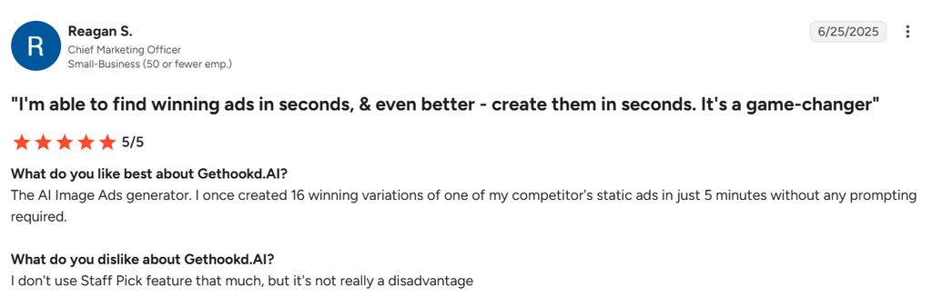 G2 review praising the AI image ad generator for creating multiple winning ad variations in minutes.