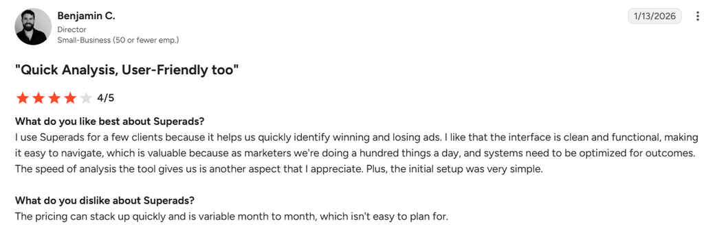 G2 review of Superads praising its easy setup and clean interface while noting that monthly pricing is unpredictable.