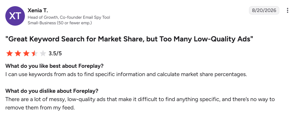 G2 review of Foreplay praising its keyword search while noting that low-quality ads clutter the feed.