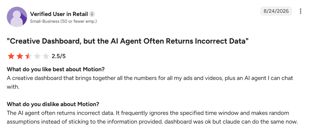 G2 review of Motion praising its creative dashboard while criticizing an AI agent that often returns incorrect data.