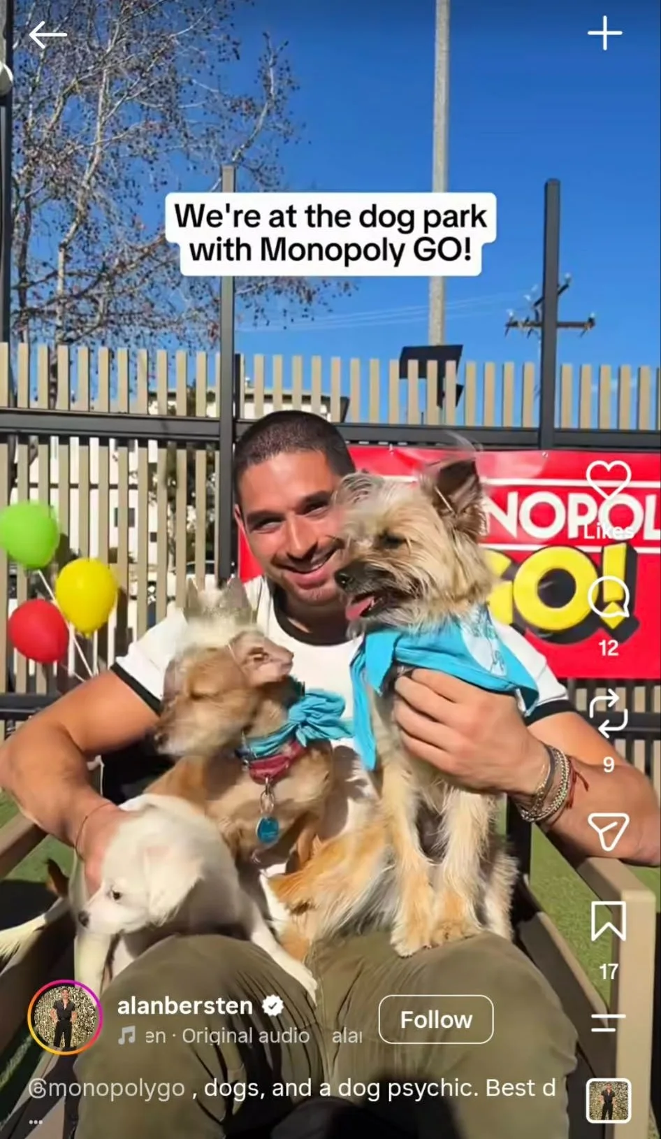 Instagram Ad of MONOPOLY GO!, featuring Alan Bersten and dogs in a dog park