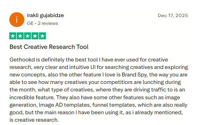 Trustpilot review of GetHookd calling it the best creative research tool, with praise for its clear interface, Brand Spy, and ad and funnel templates.