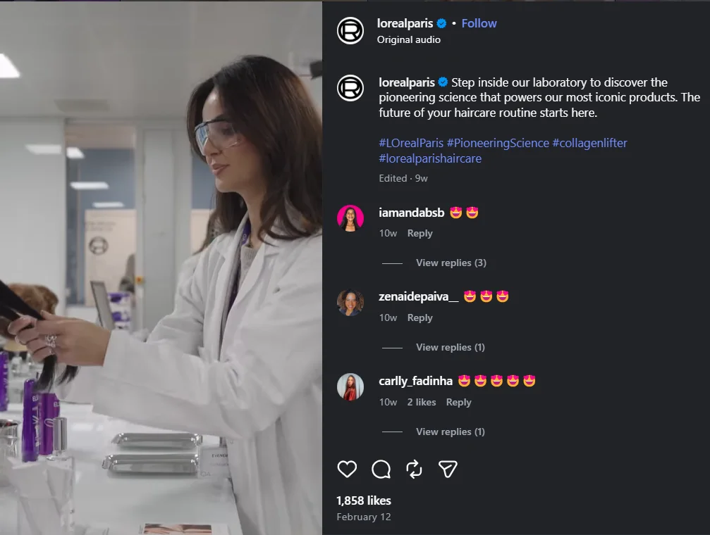 L'Oréal Paris behind-the-scenes content showing a scientist testing hair products in the brand's laboratory.