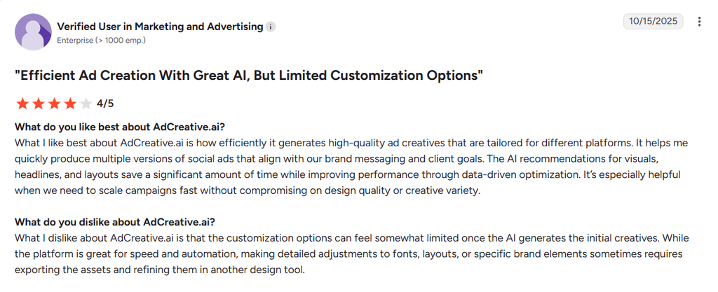 G2 review of AdCreative.ai praising its fast, platform-ready ad creation while noting limited editing options after generation.