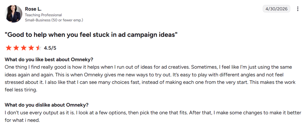 G2 review of Omneky praising its fresh ad angles and quick options while noting that outputs usually need editing.