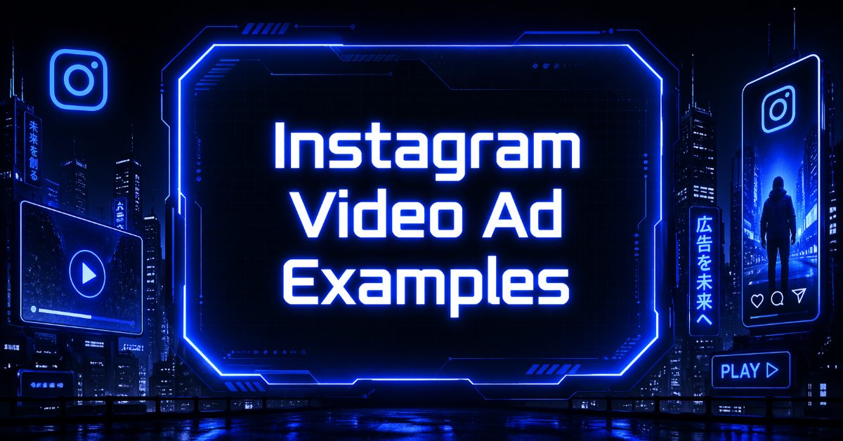 Cyberpunk Instagram video ad examples banner with neon blue cityscape, Instagram logo, and futuristic social media interface screens.