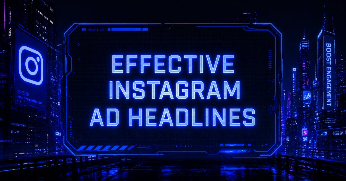 Cyberpunk featured image with neon-blue Instagram branding and glowing 'Effective Instagram Ad Headlines' text, centered on a futuristic digital billboard in a dark city setting. 