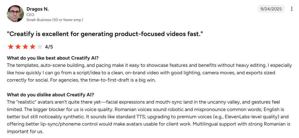 G2 review of Creatify praising its fast product video creation while criticizing unrealistic avatars and robotic voice quality.