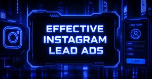Futuristic neon design for effective Instagram lead ads featuring the Instagram icon and a lead form with name, email, and phone fields.