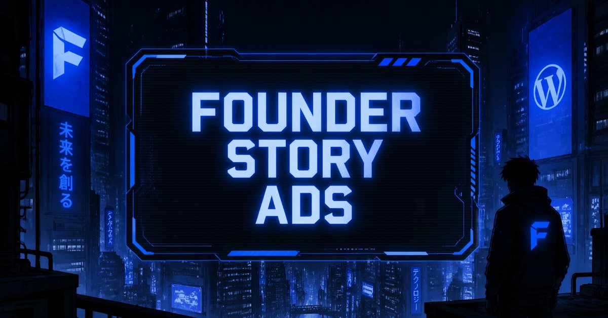 Founder Story Ads graphic featuring a lone figure gazing at a glowing billboard against a dark, futuristic city skyline.