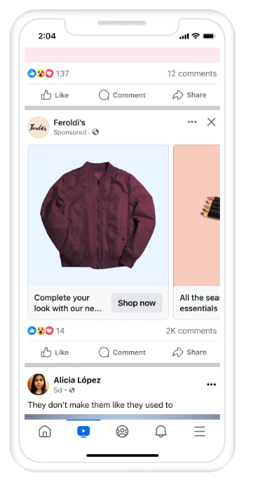 Mobile Facebook feed showing a sponsored carousel ad with a jacket on the first card, a shortened headline, and a Shop Now button.
