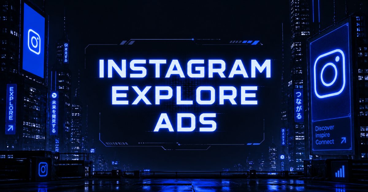 Cyberpunk cityscape with glowing blue “Instagram Explore Ads” text centered and Instagram-style icons in the background.
