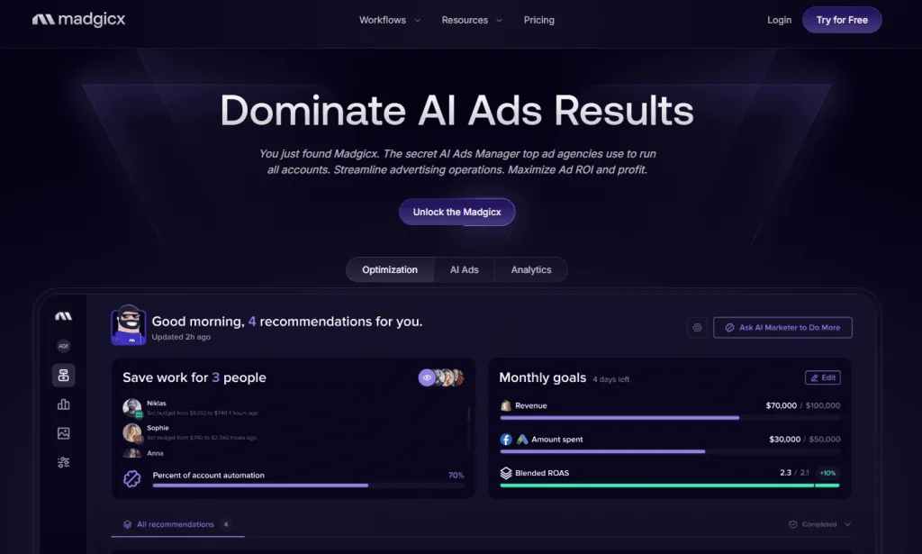 Motion creative analytics dashboard showing four ad creatives, each displaying spend, ROAS, click score, and convert score.