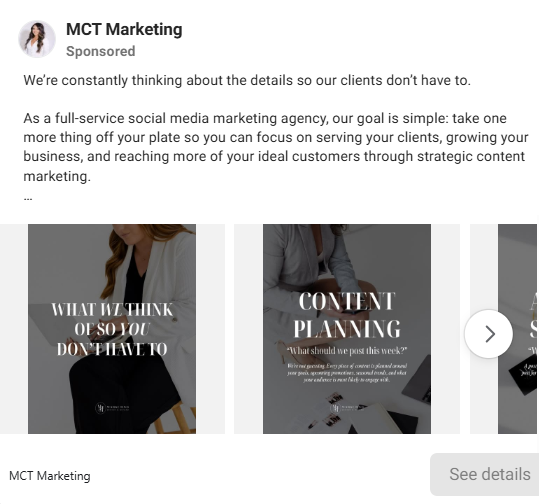 Facebook carousel ad from a marketing agency, with each card using matching dark-toned photos and serif headlines.