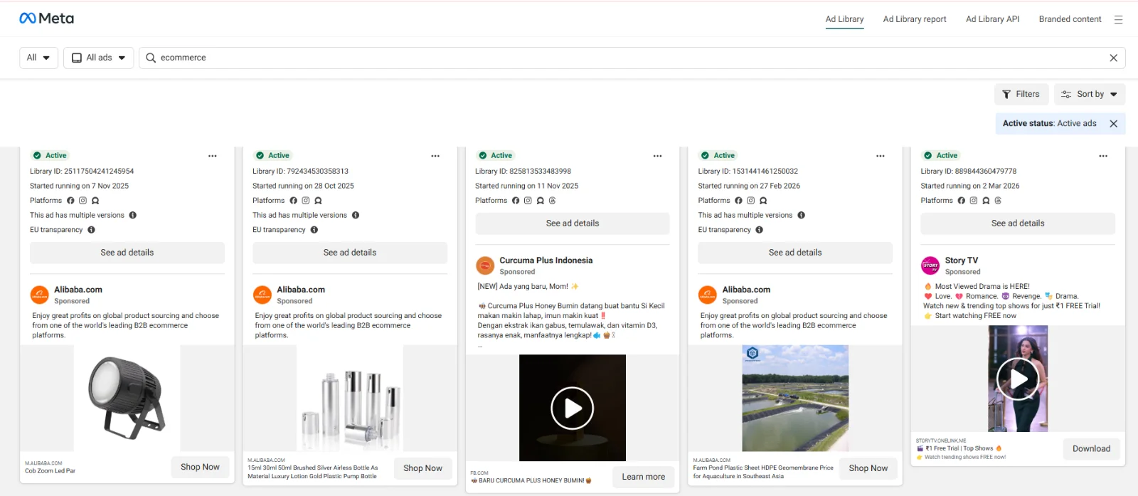Meta Ad Library search results showing active sponsored ads from Alibaba.com, Curcuma Plus Indonesia, and Story TV with start dates and platform icons.