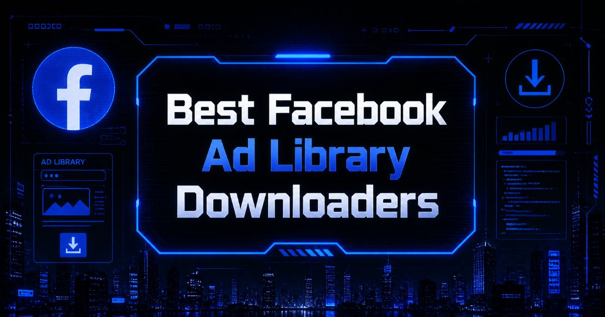 Cyberpunk-style blue interface showing Facebook ad library downloader concept with glowing UI panels and central text.